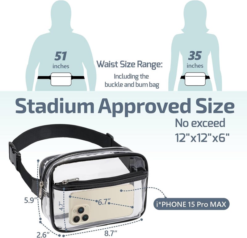 Veckle Clear Belt Bag - Plus Size Only 35" - 51" Clear Fanny Pack Stadium Approved for Women Transparent Bum Bag for Sports Events, Concerts, Festivals, Black - Image 3
